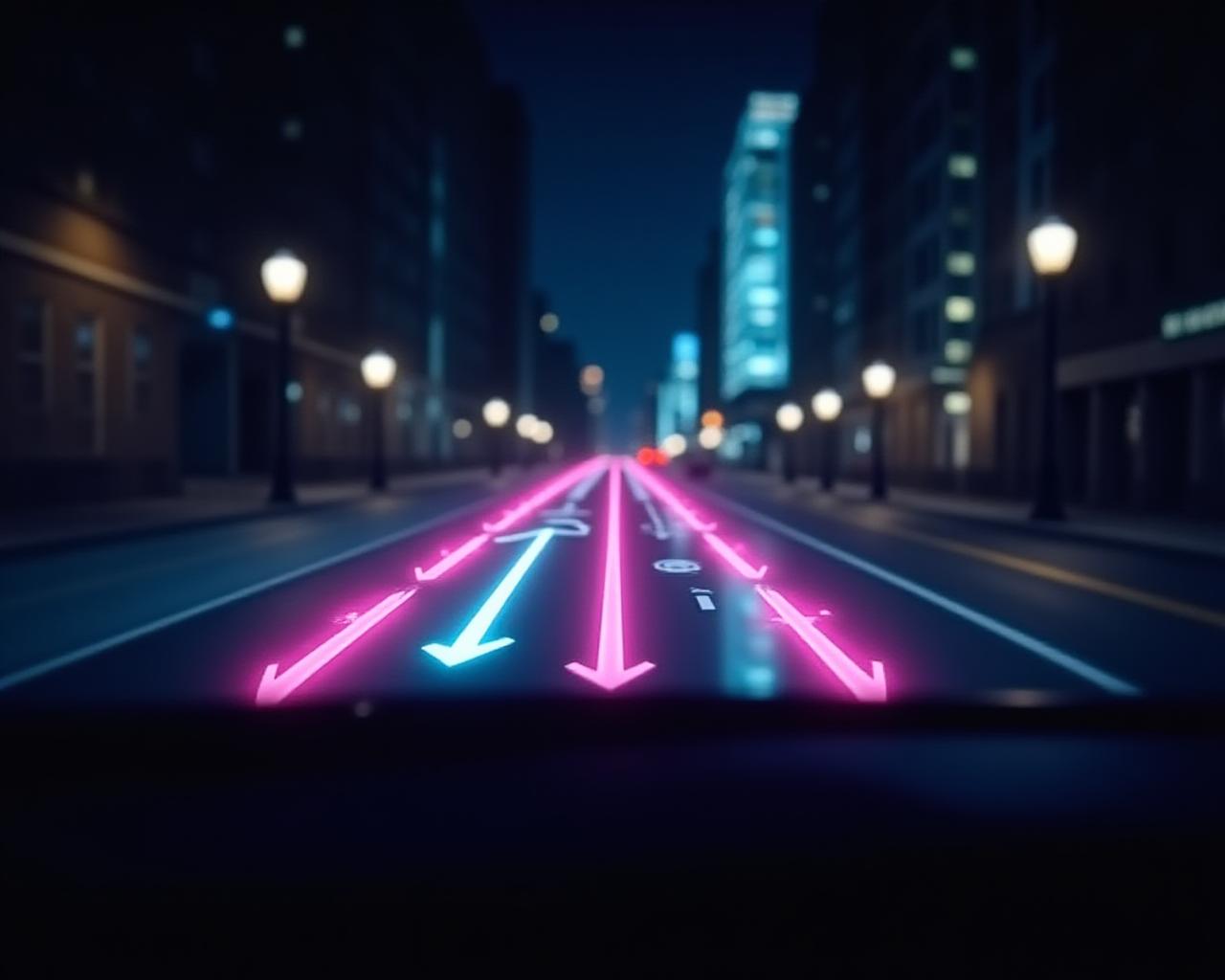 Interface de navigation en réalité augmentée affichée sur un pare-brise de voiture moderne